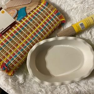 Brand new 72 inch Better Homes Decorative Runner, Shelf Liner and used dish